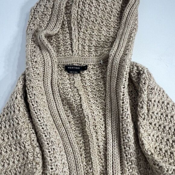 Vertigo Hooded Cardigan Womens Small Colorblock Tan Weekend Crochet Sweater Coat - Picture 7 of 13